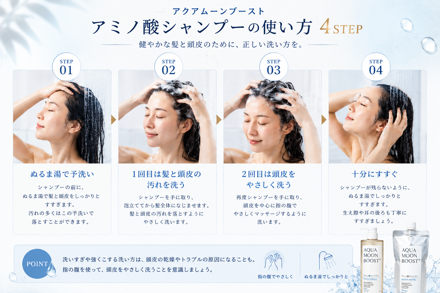 アクアムーンブースト アミノ酸シャンプーの洗い方4STEP